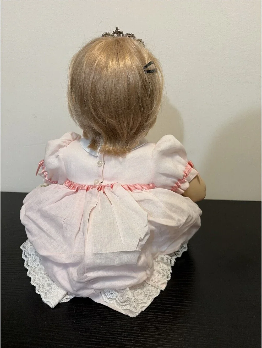 Danbury Mint Porcelain Girl Doll Pink Flower Dress Crochet Booties Collectible
